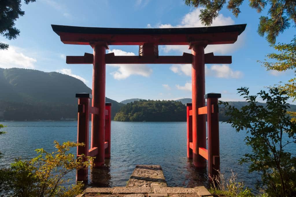 The torii gate which stands on the shore of Lake Ashi, near Mount Fuji in Japan.