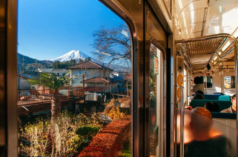 View of Mt Fuji from a train going from Tokyo to Mt Fuji