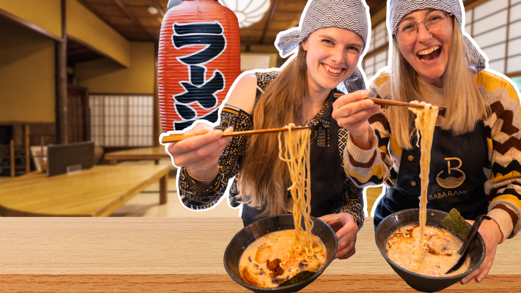 Collage of Aimee and Cassie with two bowls of Ramen in a Ramen shop
