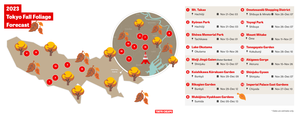 tokyo fall foliage map with 15 recommended viewing spots